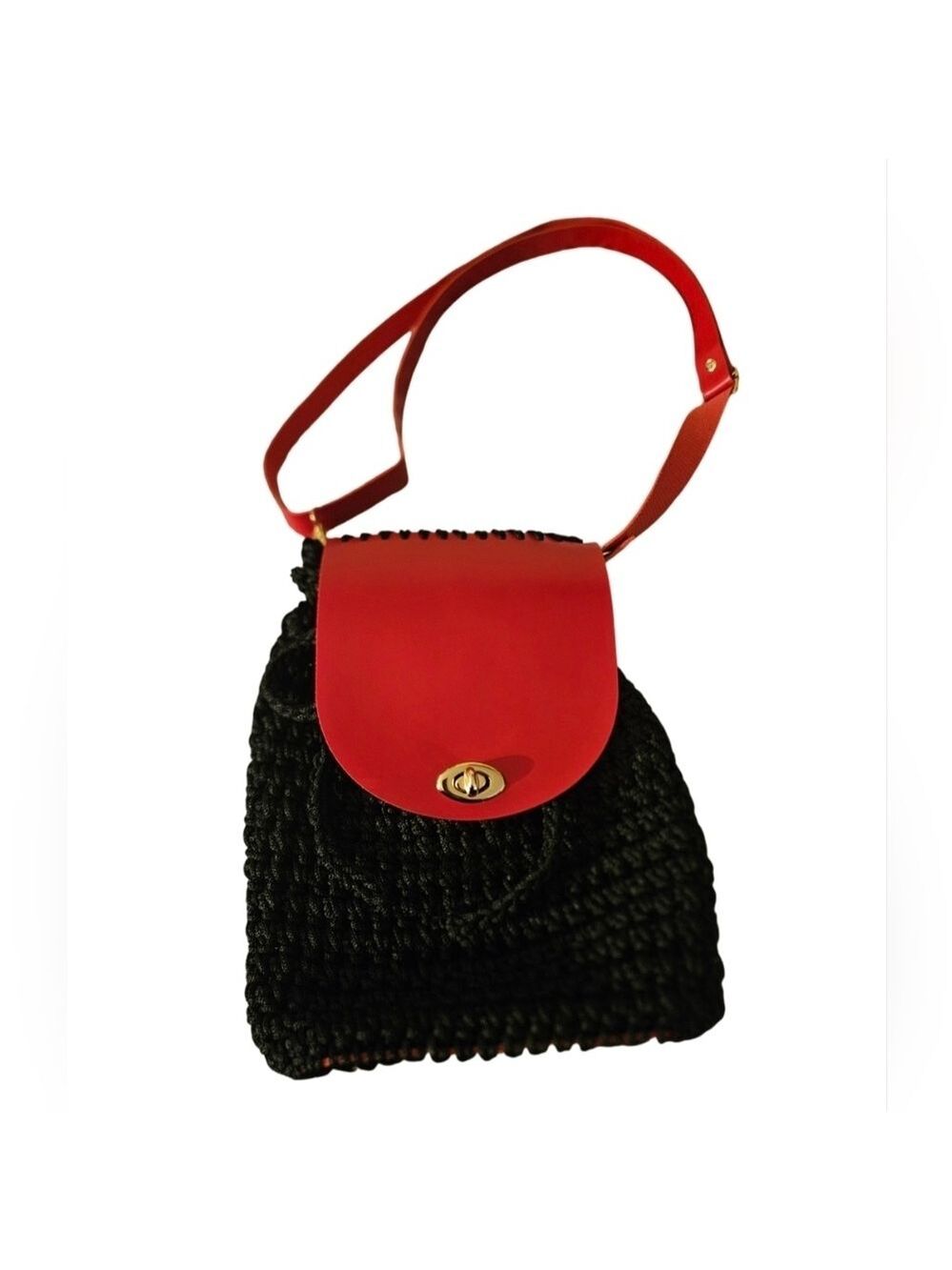 Hand Crafted Crochet Bag Handmade Purse Black Red Nylon